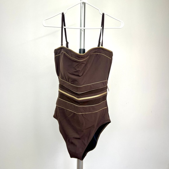 Sz 14- NWT- Gottex Onyx One Piece Bandeau Swimsuit with-w/o Straps Brown Gold - Picture 3 of 9